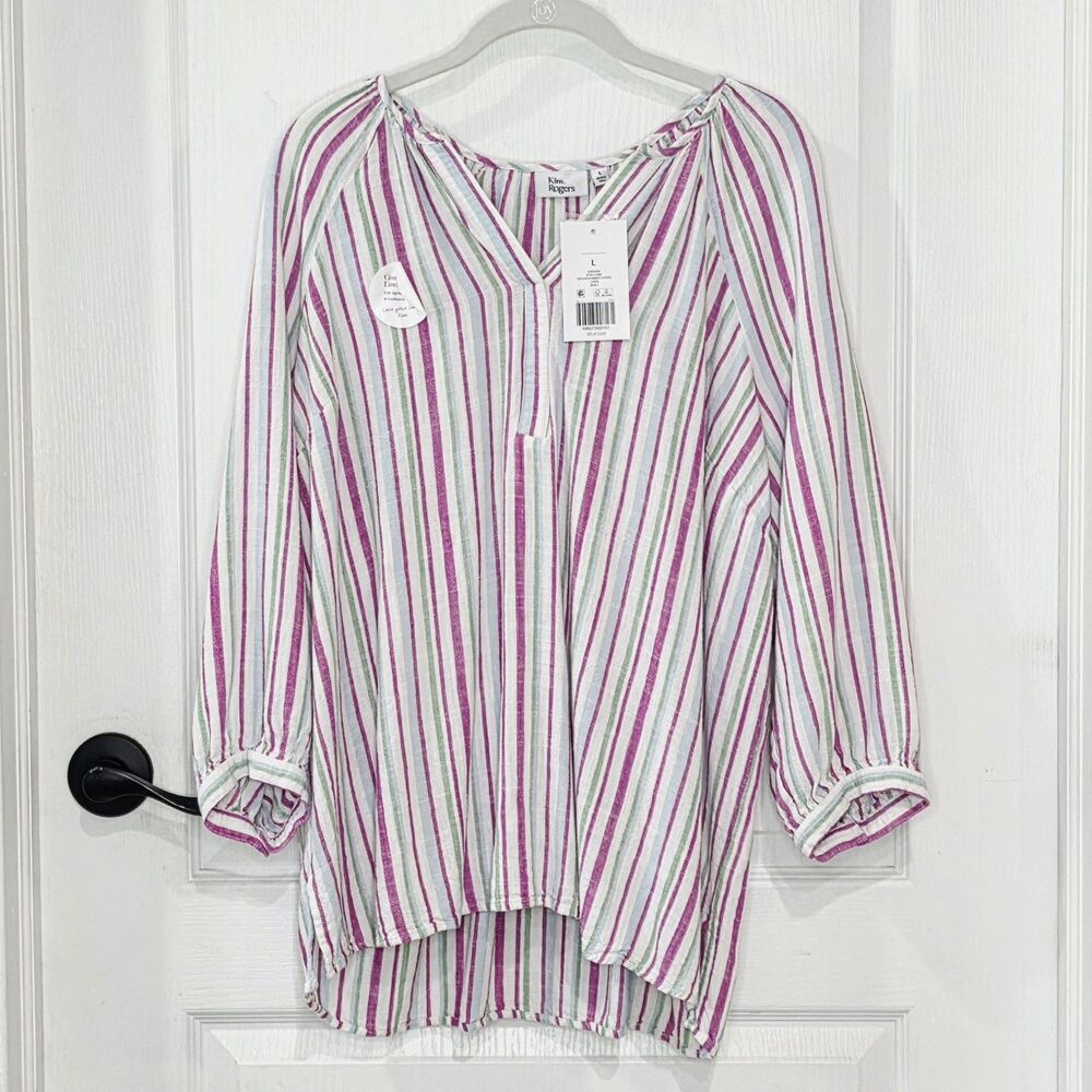 New Kim Rogers Linen Blend Top Size Large Stripe 3/4 Sleeves V Neck Breathable